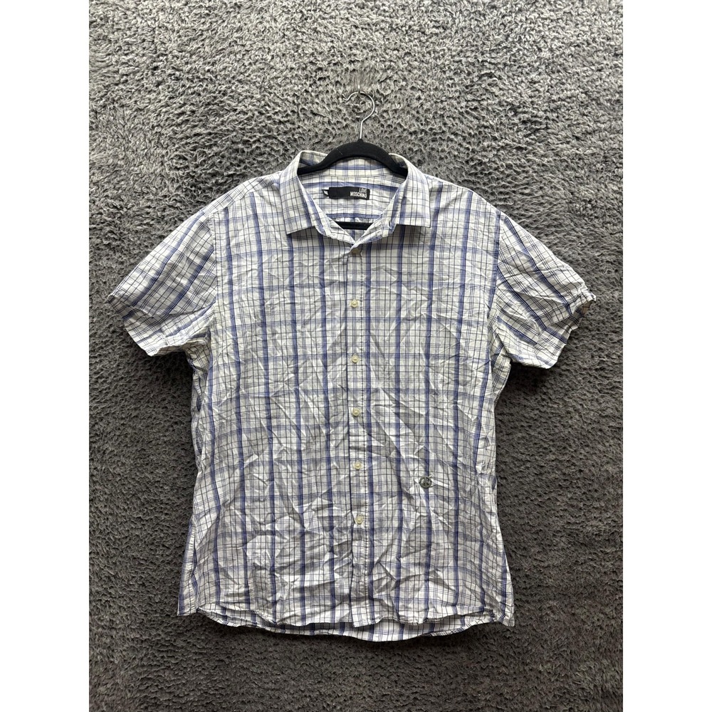 Love Moschino Plaid Short-Sleeve Casual Button-Up Shirt White Blue Mens Size XXL